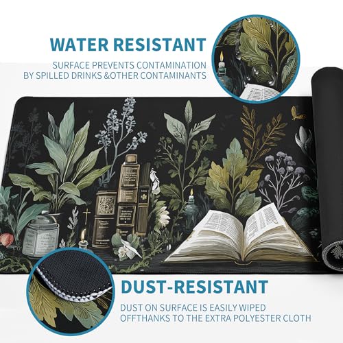 Dark Academia Mouse Pad Desk Mat XL Extended Large Gaming Desk Pad Mousepad, Mystical Green Plant Computer Laptop Keyboard and Mouse Mat, Desktop Protector Mat for Office and Home 31.5x11.8 in - color: Dark Academia