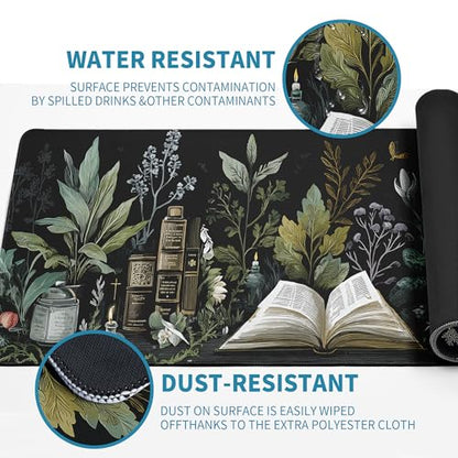 Dark Academia Mouse Pad Desk Mat XL Extended Large Gaming Desk Pad Mousepad, Mystical Green Plant Computer Laptop Keyboard and Mouse Mat, Desktop Protector Mat for Office and Home 31.5x11.8 in - color: Dark Academia