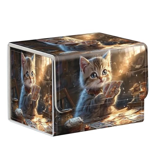 Commander Deck Box for Trading Cards - Fits 100+ Double Sleeved Cards, PU Leather MTG TCG Storage Case with Strong Magnetic Closure, Cat Playing Cards - color: Cat Playing Cards