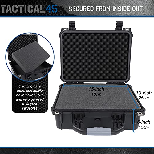 Tactical45 Hard Case with Foam - 16 x 13 x 7in Hard Shell Waterproof Storage Case with Pluck Padding Protective Latching Suitcase for Rifles, Cameras, Handguns, Drones, Guitars, and Electronics