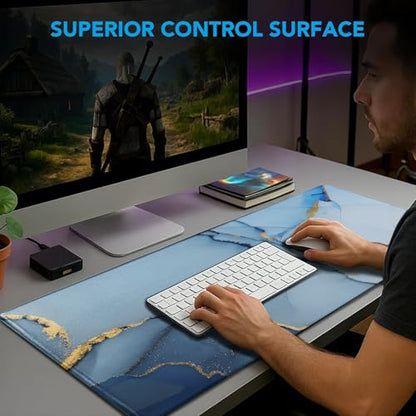 Gaming Mouse Pad, Large Pad with Non-Slip Rubber Base, Waterproof Mousepad with Stitched Edges, XXL Computer Long Keyboard Mouse Mat for Gamer, Office & Home, 31.5" x 15.7", Marble Blue - color: Marble Blue, size: 31.5 inches x 15.7 inches