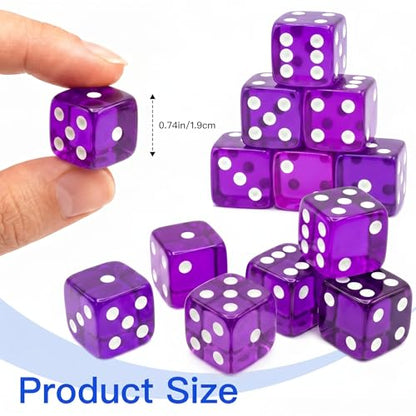 12 Piece 19 mm Casino Style Dice Set, Acrylic Translucent D6 Dice with Square Rounded Edge, Purple for Craps, Table Games, Board Games, RPG, MTG, DND(Purple) - color: Purple