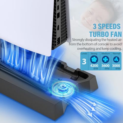 PS5 Slim Stand and Cooling Station with Controller Charging Station for Playsation 5 Slim&Standard Disc/Digital Console, PS5 Accessories Incl. Charger/Turbo Fan/3 USB Hub/Headset Holder - Black - color: WORK WITH PS5 Slim + PS5