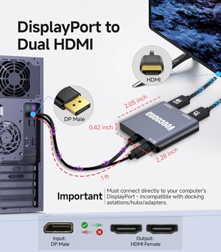 DisplayPort to Dual HDMI Adapter 1 in 2 Out | 4K60Hz | DP Source to HDMI Splitter Extended Display for Dual monitors, for Desktop,Laptop, Graphics Card - MACOS Not Support MST