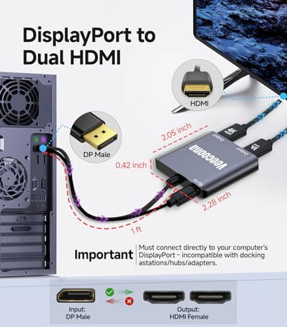 DisplayPort to Dual HDMI Adapter 1 in 2 Out | 4K60Hz | DP Source to HDMI Splitter Extended Display for Dual monitors, for Desktop,Laptop, Graphics Card - MACOS Not Support MST