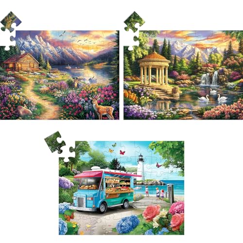 3 Pack 48 Large Piece Puzzle for Seniors Alzheimer’s Puzzles Dementia | Alzheimer's Products Activities for Elderly Adults Mountain Village Sea Easy Jigsaw Puzzle Cognitive Game with 3 Storage Bags - style: 3Pack 48 Large Pieces-1