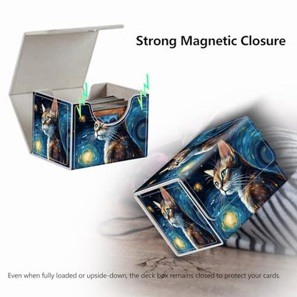 Strong Magnet Card Case Deck Box Mtg Card Box Playing Card Box Tcg Up to 200 Cards Creative Pattern Trading Card Storage Box for Collectible Card Games for MTG Cards, Cute Cat With Starry Night - color: Cute Cat With Starry Night