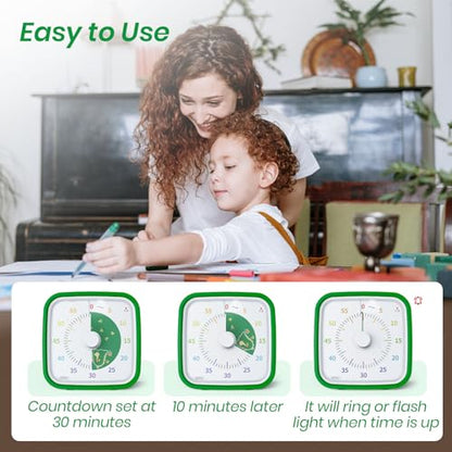 Dinosaur Visual Timer for Kids, 60-min Countdown Timer, Green | Protective Case, No Ticking, Mute and Ringing Alarm Available, Time Management Tool, Low Power Reminder, for Study,Game,Work - color: Green Dinosaur
