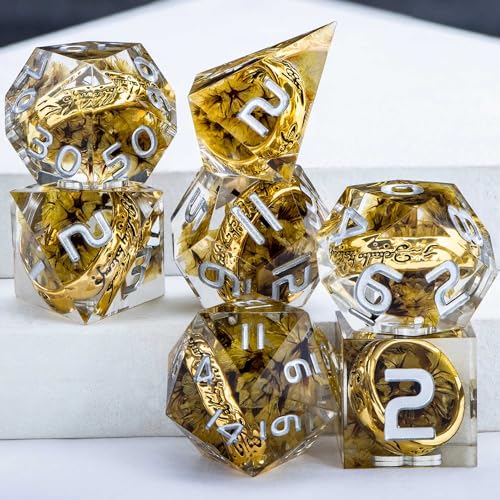 Magic Golden Ring DND Dice Set Sharp Edge Red Resin Dice with Box, for use with RPG D&D Tabletop Games Lord D and D Polyhedral Dice Set - color: Ring -Flower-2