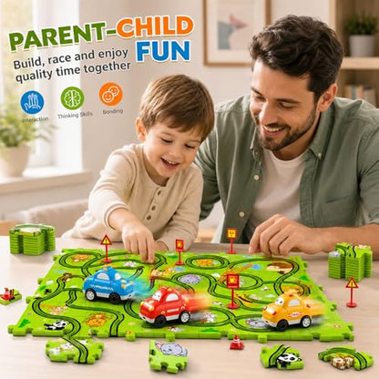 Beby Buty 64PCS Puzzle Race Track Car Set for Kids Boys, Floor Puzzle Tracks Car Toys for Boys Girls Ages 3-5 4-6, Toddler Toys Gifts for 3 4 5 Year Old, Ideal 3 4 5 6 Year Old Birthday Gifts - style: 64 PCS Animal Theme