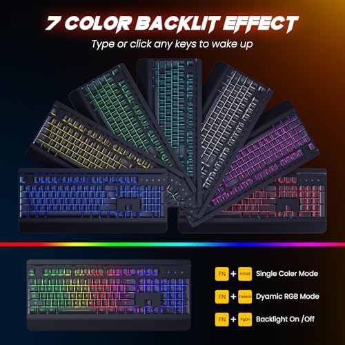 Wireless Gaming Keyboard and Mouse Combo, Metal Panel, 7 Color Backlits, Rechargeable 3200 mAh Battery, Wrist Rest, Sleep Mode, Light Up Keyboard + 7D 3200DPI Gaming Mice for PC Gamer | 7 Color Backlits, Rechargeable 3200 mAh Battery/Wrist Rest/Sleep Mode