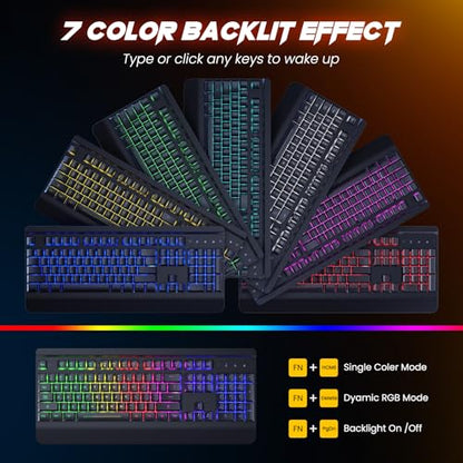 Wireless Gaming Keyboard and Mouse Combo, Metal Panel, 7 Color Backlits, Rechargeable 3200 mAh Battery, Wrist Rest, Sleep Mode, Light Up Keyboard + 7D 3200DPI Gaming Mice for PC Gamer | 7 Color Backlits, Rechargeable 3200 mAh Battery/Wrist Rest/Sleep Mode