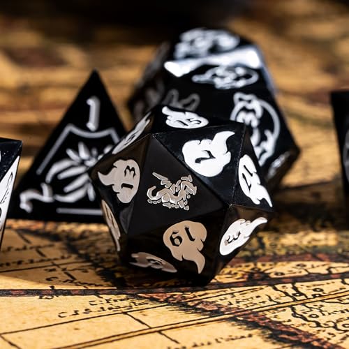 Cusdie 7-Piece Sharp Edges DND Dice Set with Dragon Pattern - Perfect for Tabletop RPGs Board Games Gifting and Collecting(Black with White Number) - color: Dragon Pattern B/W