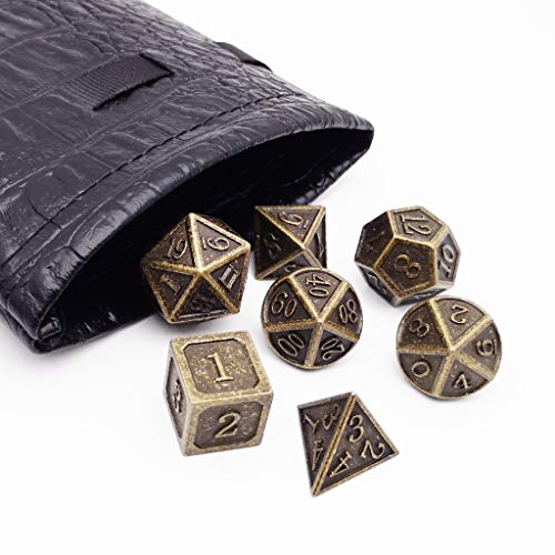 Haxtec Metal DND Dice Set, 7 Pcs Antique Polyhedral Dice for Table Games | Bronze D&D Dice with Leather Bag, Compatible with Dungeons and Dragons, Ancient Heavy Metallic, TTRPG Gifts for DND Lovers - color: Bronze