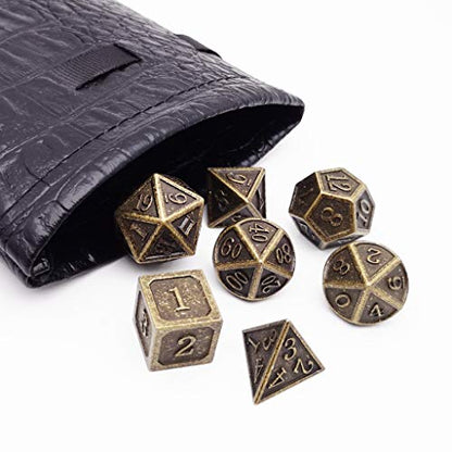 Haxtec Metal DND Dice Set, 7 Pcs Antique Polyhedral Dice for Table Games | Bronze D&D Dice with Leather Bag, Compatible with Dungeons and Dragons, Ancient Heavy Metallic, TTRPG Gifts for DND Lovers - color: Bronze