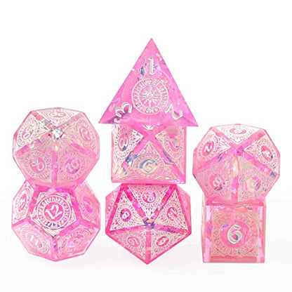 Cusdie 7-Piece Polyhedral DND Dice Set with Sharp Edges, Handcrafted Dice Featuring Rune-Inspired Designs for Role Playing Games (Pink) - color: Pink Pattern-pink White