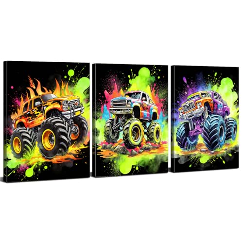 Graffiti Monster Truck Wall Art Funny Car Canvas Prints Pictures Kids Bedroom Wall Decor Cool Watercolor Hot Wheels Monster Supercar Poster Artwork for Boys Gamer Men Dorm Decorations 16x24"x3P - color: Monster Truck, size: 16x24 Inch