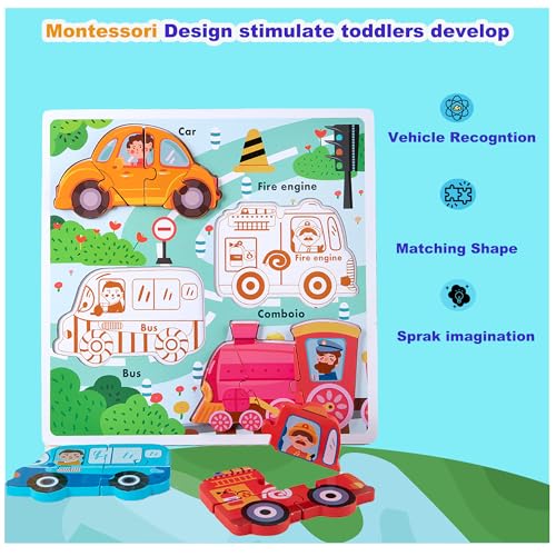 Jumbo Base Wooden Blocks Puzzles for Toddlers 1-3 ，Educational Toys for 2-3 Years Old,Toddler Montessori Gifts Vehicle Car Truck Puzzles Ages 2-4 - color: Vehicle