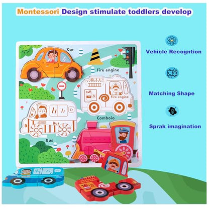 Jumbo Base Wooden Blocks Puzzles for Toddlers 1-3 ，Educational Toys for 2-3 Years Old,Toddler Montessori Gifts Vehicle Car Truck Puzzles Ages 2-4 - color: Vehicle