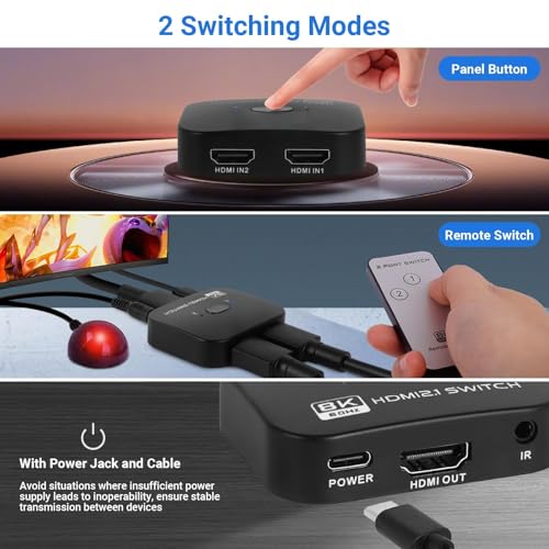 8K HDMI Switch Splitter 2 in 1 Out, Bi-Directional Switcher Support 48Gbps 4K@120Hz 8K@60Hz 4K@144Hz for PS5/PS4,HDTV,Xbox,Fire Stick