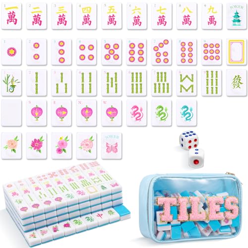Soulchen American Mahjong Tiles Accessories Set 160 Pieces 1.2 Inches Carving American Mahjong Tiles Game Set with Blue Waterproof PVC Clear Zippered Storage Holder Bag for Game Lover Gift - color: Light Blue, style: Lanterns