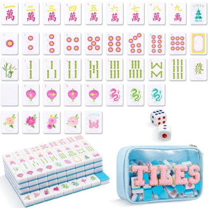 Soulchen American Mahjong Tiles Accessories Set 160 Pieces 1.2 Inches Carving American Mahjong Tiles Game Set with Blue Waterproof PVC Clear Zippered Storage Holder Bag for Game Lover Gift - color: Light Blue, style: Lanterns