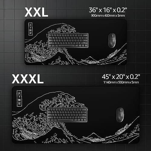 Hystar® Extended Gaming Mouse Pad | XXL 36" x 16" | 5mm Thick, Waterproof Surface, Smooth Polyester Fabric, and Natural Rubber Base | The Great Wave (Black) - color: Black, size: 36L x 16W inches