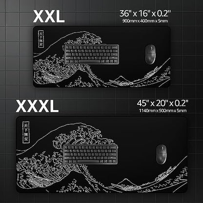 Hystar® Extended Gaming Mouse Pad | XXL 36" x 16" | 5mm Thick, Waterproof Surface, Smooth Polyester Fabric, and Natural Rubber Base | The Great Wave (Black) - color: Black, size: 36L x 16W inches