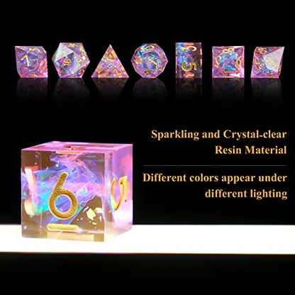Sharp Edge DND Dice Set Handmade 7 Accessories Dice for Dungeons and Dragons TTRPG Games, Multi-Sided RPG Polyhedral Resin Sharp Edge Dice Roleplaying Games - color: Dice-pink Purple6