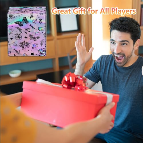 Card Deck Box, Card Storage Box Fits 100+ Single Sleeved Cards, Large Capacity PU Leather Card Storage Box with Strong Magnet for Magic Commander TCG CCG, Cute Iridescent Butterfly - color: Cute Iridescent Butterfly