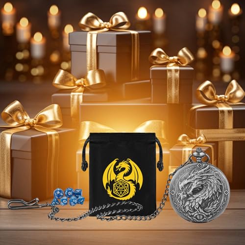 Mini DND Dice Set, 7-Piece Polyhedral Acrylic D&D Dice, with Steampunk Dragon Large Pocket Watch Case, DND Gift Bag with Dragon Logo, Role Play Board Game Accessories, Dark Silver + Blue - color: Silver + Blue