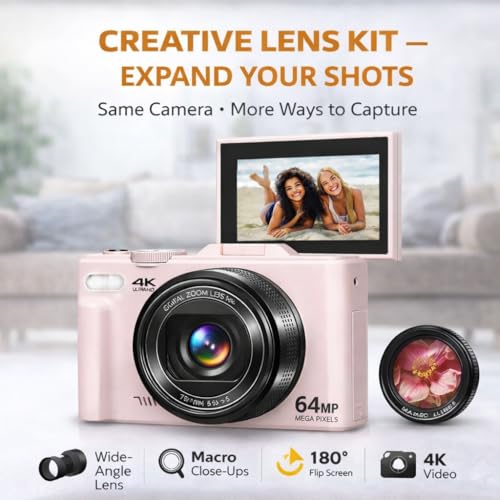 Acuvar 4K Digital Camera for Photography, 64MP Vlogging Camera with Flip Screen, WiFi, Wide Angle Lens, 16X Zoom, Compact Camera for YouTube, Travel, Beginners with 64GB Card - style: Starter Camera Kit