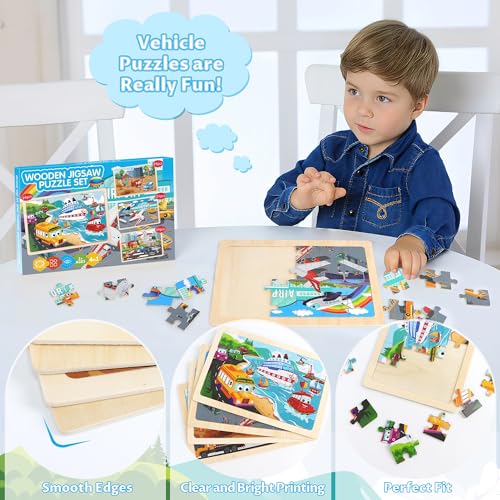 Wooden Puzzles for Kids Ages 3-5, 4 Packs Puzzles for Kids Ages 4-6, 24-Piece Truck Vehicle Wood Jigsaw Puzzles for Toddlers 3-5,Preschool Educational Toys Gifts for Children Ages 4-8 Boys (Vehicle)