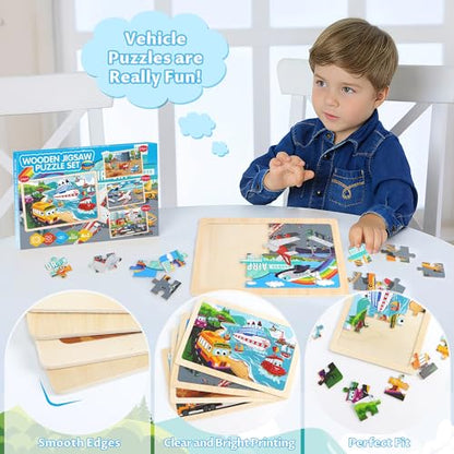 Wooden Puzzles for Kids Ages 3-5, 4 Packs Puzzles for Kids Ages 4-6, 24-Piece Truck Vehicle Wood Jigsaw Puzzles for Toddlers 3-5,Preschool Educational Toys Gifts for Children Ages 4-8 Boys (Vehicle)