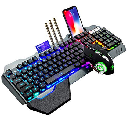 Wireless Gaming Keyboard and Mouse,RGB Backlit Rechargeable Keyboard Mouse with 5000mAh Battery Metal Panel,Removable Hand Rest Mechanical Feel Keyboard and 7 Color Gaming Mute Mouse for PC Gamer - color: Black RGB