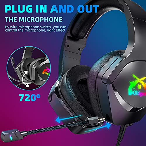 OLDGUN-M50 Gaming Headset Microphone That Will Never be Damaged Stereo Headset for PC/PS4/PS5 Controller, Over Ear Headphones with RGB Light Noice Cancelling Microphone and Soft Earmuffs