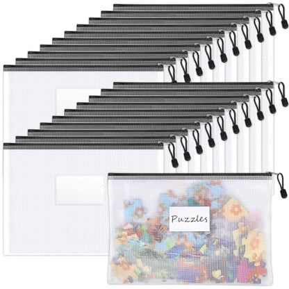 Sooez 20 Pack Mesh Zipper Pouch Bags, A4 Letter Size, Classroom Zipper Bags | Waterproof Bag Organizer with Label Pocket, School Office Teacher Supplies, Storage Pouches Board Game Toy Storage, Black - style: 20 Pack (All Black)