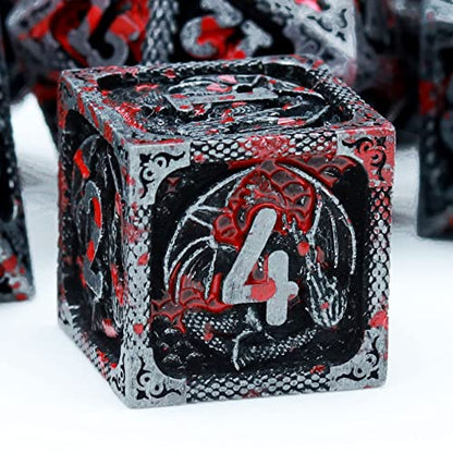 Haxtec Bloodstained Metal DND Dice Set Antique Iron Blood D&D Dice Set Dragon Scale with Leather Dice Bag Bloodsplattered Metal Polyhedral Dice Compatible with Dungeons and Dragons TTRPG Gifts - color: Antique Silver Red