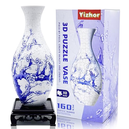 3D Puzzle Vase for Adults, 160-Piece DIY Flower Vase Puzzle | Curved plastic DIY craft kit, unique flower vase for flower arrangements, housewarming gifts and home decor - color: Blue Plum Blossom