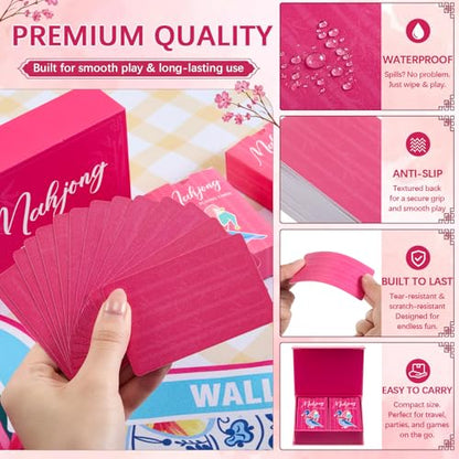 Soulchen 168-Piece PVC American Mahjong Card Print Set,Blossom,Hot Pink | Lightweight Waterproof Format with 4 Dice and Storage Case, for Clubs, Pool, Cruises, Trips, Family Game Nights - color: Hot Pink, style: Blossom