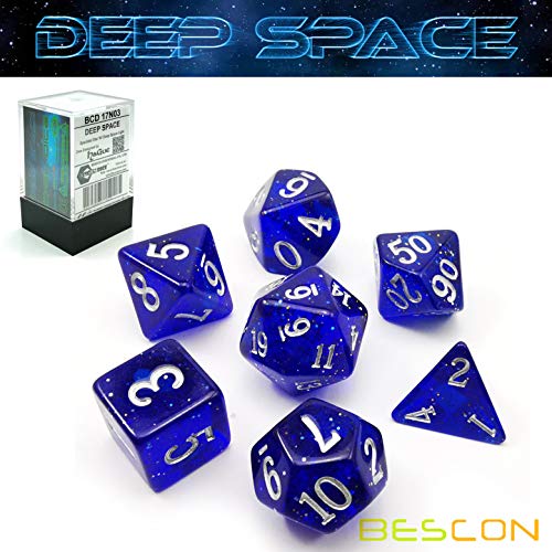 Bescon Super Glow in The Dark Glitter Polyhedral Dice Set DEEP Space, Luminous RPG Dice Set,Glowing Novelty DND Game Dice Set, Novelty DND Game Dice d4 d6 d8 d10 d12 d20 d% in Brick Box - color: Deep Space