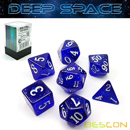 Bescon Super Glow in The Dark Glitter Polyhedral Dice Set DEEP Space, Luminous RPG Dice Set,Glowing Novelty DND Game Dice Set, Novelty DND Game Dice d4 d6 d8 d10 d12 d20 d% in Brick Box - color: Deep Space