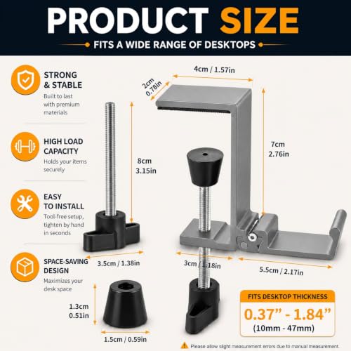JAKO Headphone Stand for Desk, Aluminum Alloy Foldable Headphone Holder - Headset Stand Hook Mount, PC Gaming Headset Holder Under Desk Clamp for Office, Computer, Student Class Table, Handmade Table