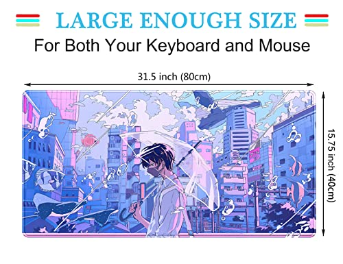 Anime Kawaii Desk Mat Mousepad Cute Japanese Large Gaming Mouse Pad XXL, Pastel Aesthetic Purple Blue Laptop Keyboard Mouse Mat, Magical Fantasy City Girl Gamer Computer Desktop Mat 31.5x15.75 in - color: Blue Purple City Boy