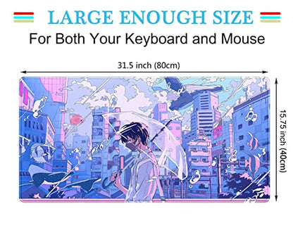 Anime Kawaii Desk Mat Mousepad Cute Japanese Large Gaming Mouse Pad XXL, Pastel Aesthetic Purple Blue Laptop Keyboard Mouse Mat, Magical Fantasy City Girl Gamer Computer Desktop Mat 31.5x15.75 in - color: Blue Purple City Boy