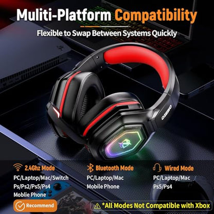 Ozeino 2.4GHz Gaming Headset Wireless with Flip Mic for Ps5, Ps4, PC, Gaming Headphones with USB-A & USB-C Transmitter, 40Hr Battery Gamer Headset for Laptop, Mobile, Mac - color: Red