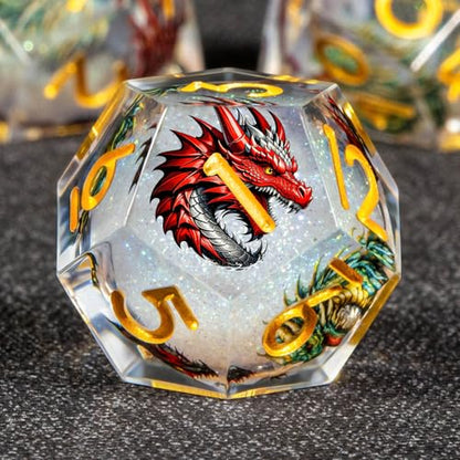 KERWELLSI Liquid Core Dragons Pattern Dice, Resin DND Dice Set with Gift Box, White and Gold Sharp Edged Dungeons D&D Dice, Role Playing Game Dice D20 D12 D10 D8 D6 D4 - color: White and Gold