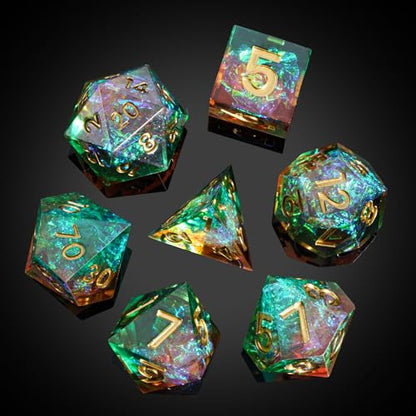 7PCS DND Dice Set,Handmade Sharp Edge Dice Set D&D RPG Polyhedral Die,for Dungeons and Dragons TTRPG Games Roleplaying Games Pathfinder,with Gift Box(Green with Brown) - color: Starry Sky(green With Brown)