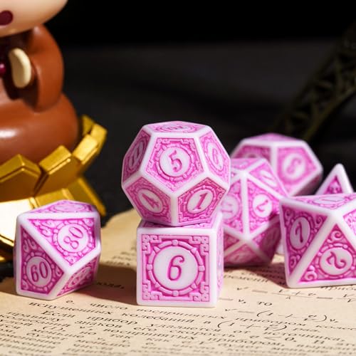7PCs DND Dice Set, Unique Window Lattice Pattern D&D Dice Set with Leather Die Bag, Polyhedral Die for RPG Table Games (Pink/White) - color: Pink With White Edge