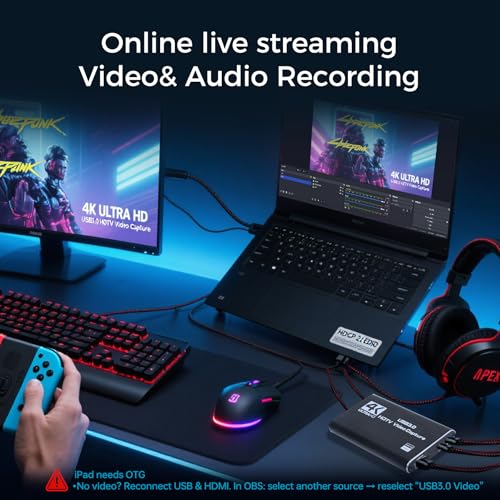 4K HDMI Capture Card for Streaming & Gaming, USB 3.0 Audio Video Capture Device 1080P 60FPS, Low Latency, HDMI Loop Out, Capture Card for PS5, Xbox, Nintendo Switch, PC, Mac, OBS - MSP231 - color: Black-4k YUY2